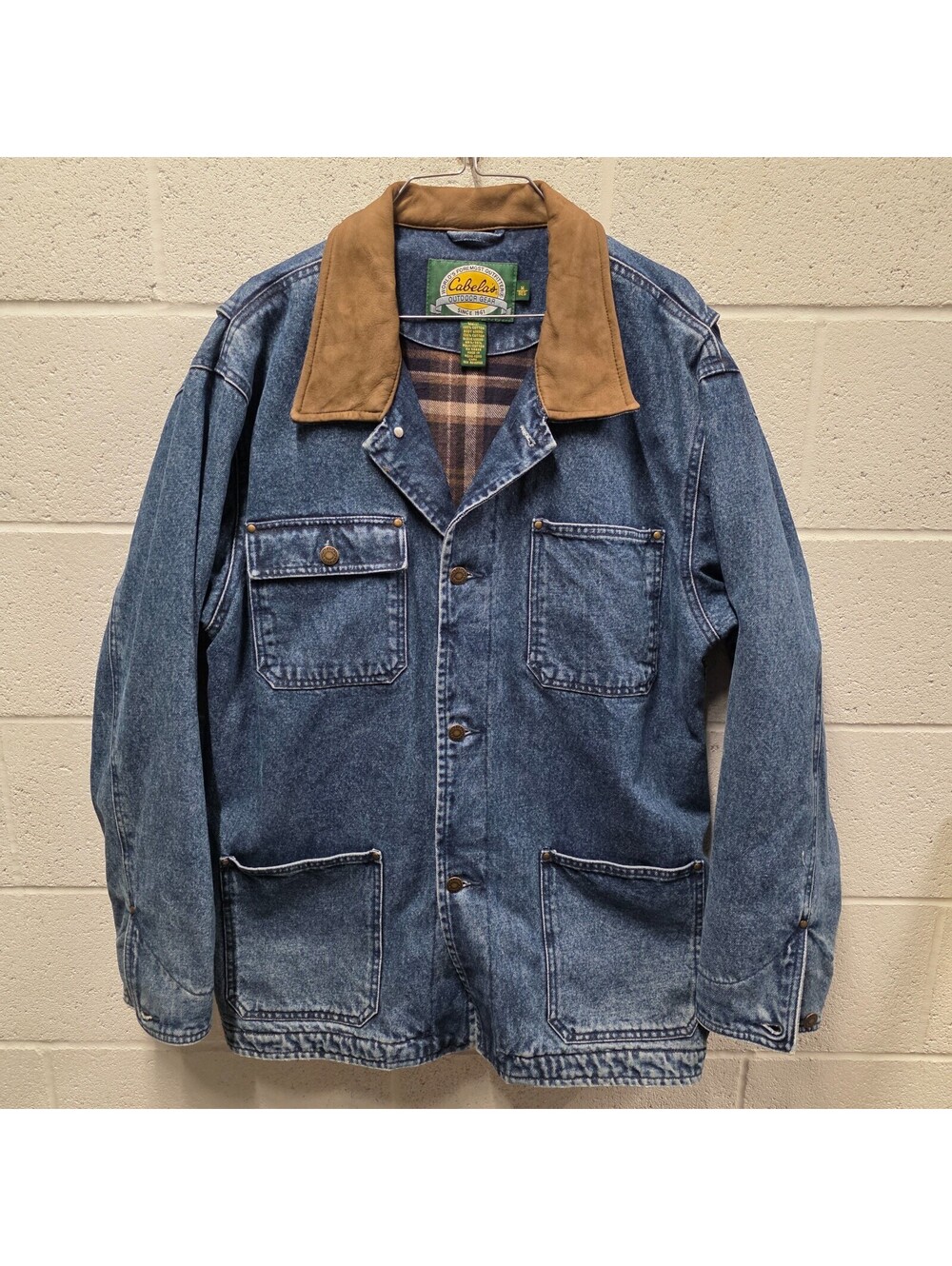 Cabela’s Denim Jacket with Leather Collar Brown Flannel Lining Men's  M 23x33